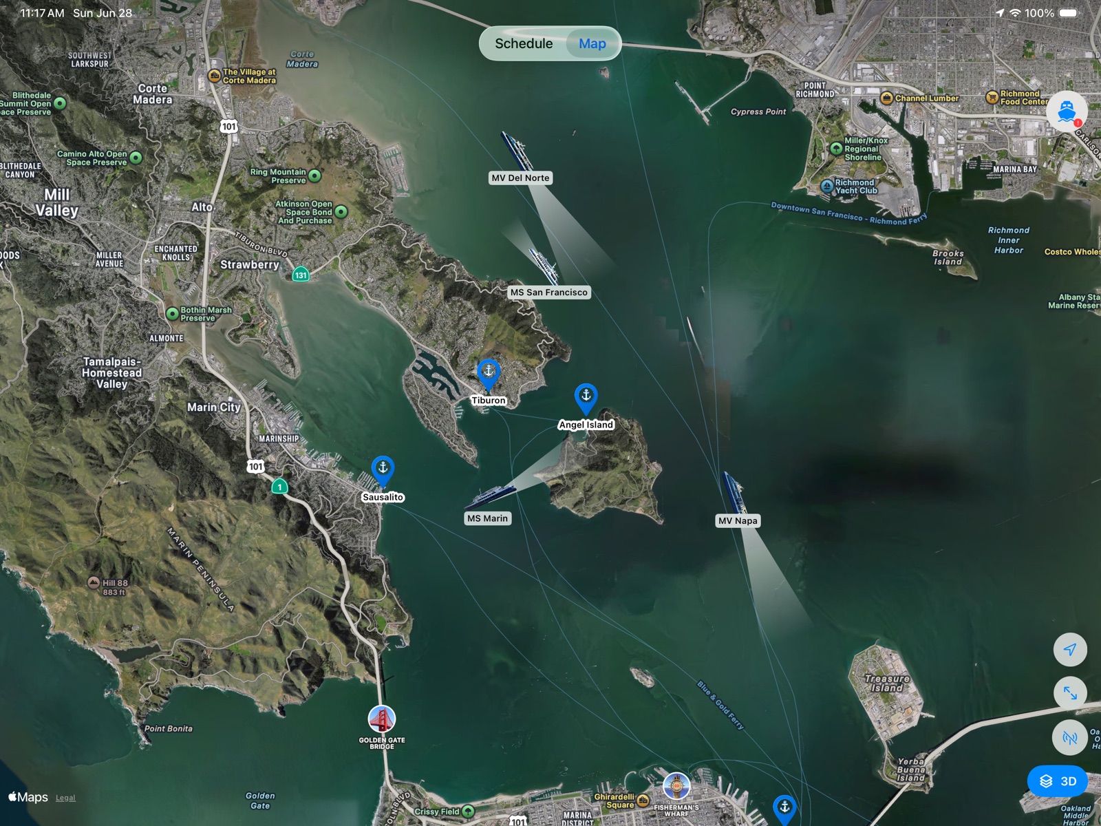 Ferry SF live map on iPad showing Golden Gate Ferry vessels across San Francisco Bay