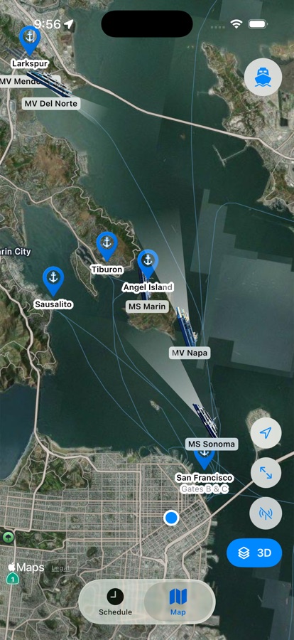 Ferry SF map on iPhone with ship selected